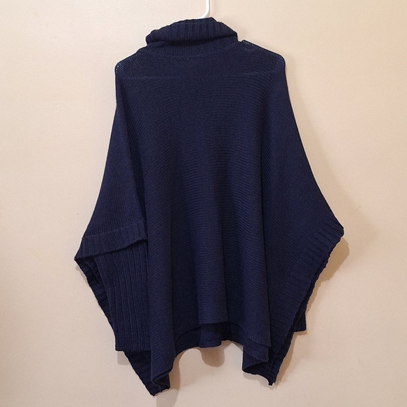 Design Lab Lord & Taylor Navy Cotton Blend Oversized Poncho Sweater - Picture 3 of 5
